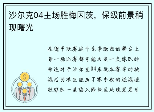 沙尔克04主场胜梅因茨，保级前景稍现曙光