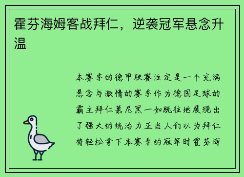 霍芬海姆客战拜仁，逆袭冠军悬念升温