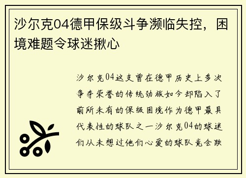 沙尔克04德甲保级斗争濒临失控，困境难题令球迷揪心